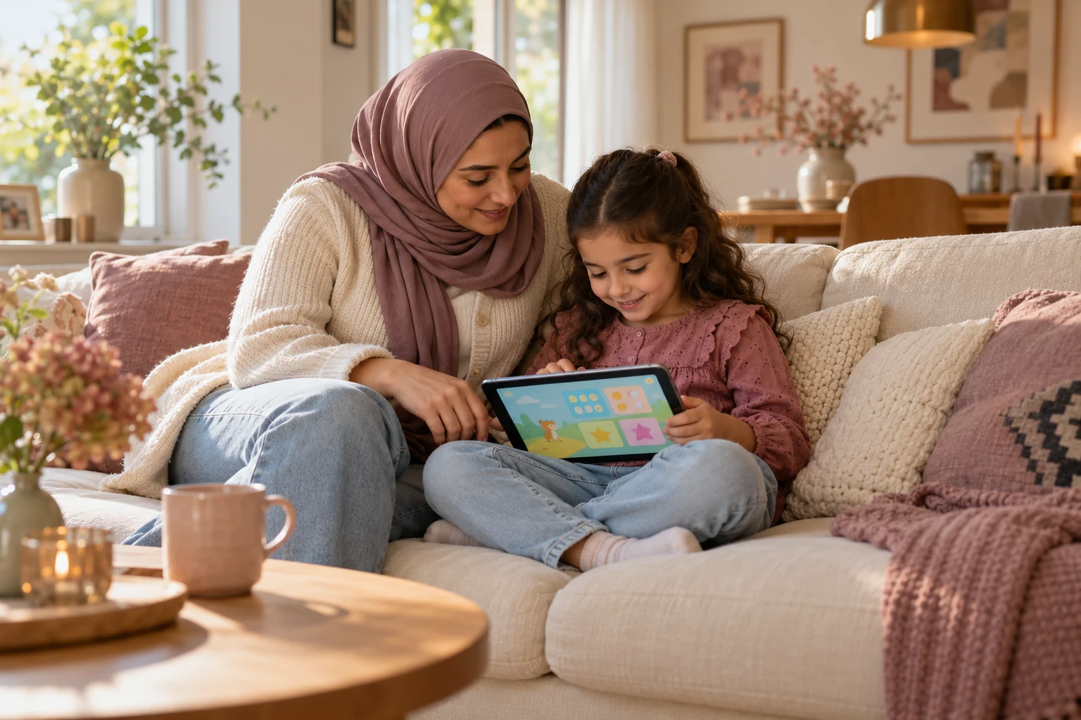 Warm sfeerbeeld van een moeder die op de bank meekijkt terwijl haar dochter een leerspel op een tablet speelt